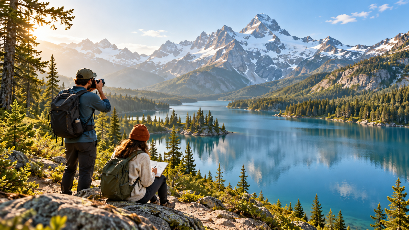 Travelers photographing and sketching a mountain lake