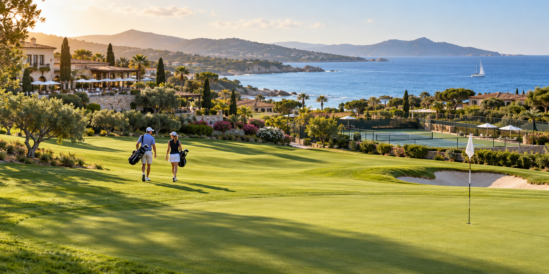 A coastal golf resort with golfers and a tennis court