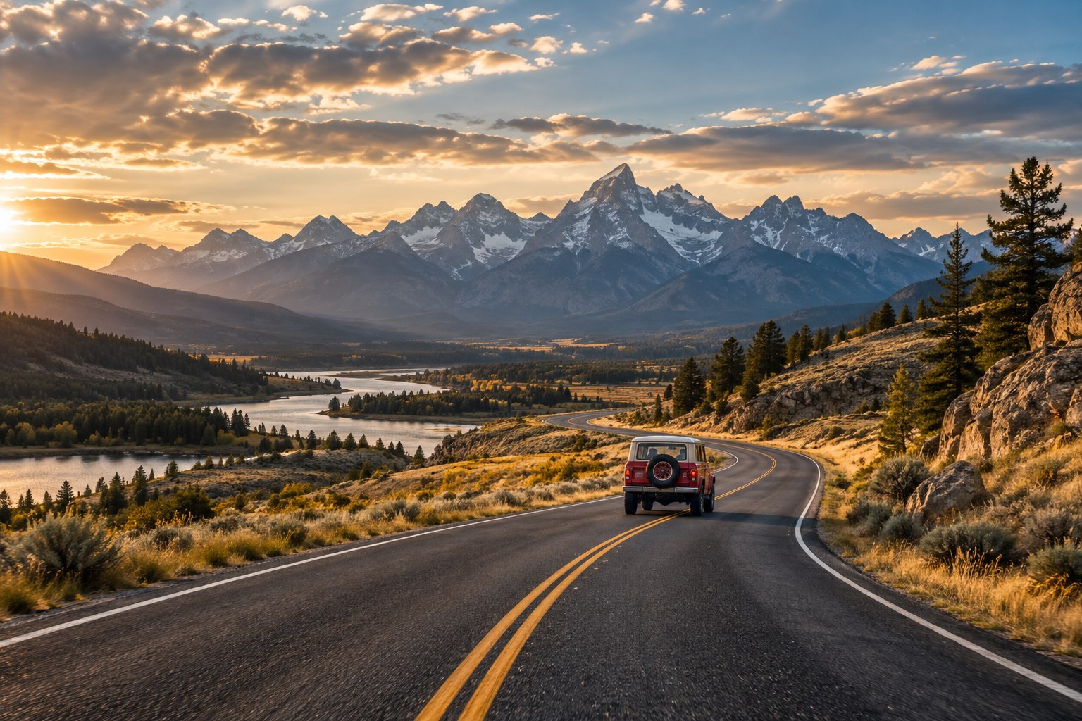 A red vehicle following a winding mountain road